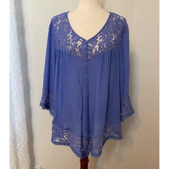 Zac & Rachel Woman Lace Trim Button Front Blouse – Women’s 2X – Blue Purple Boho - Picture 1 of 8